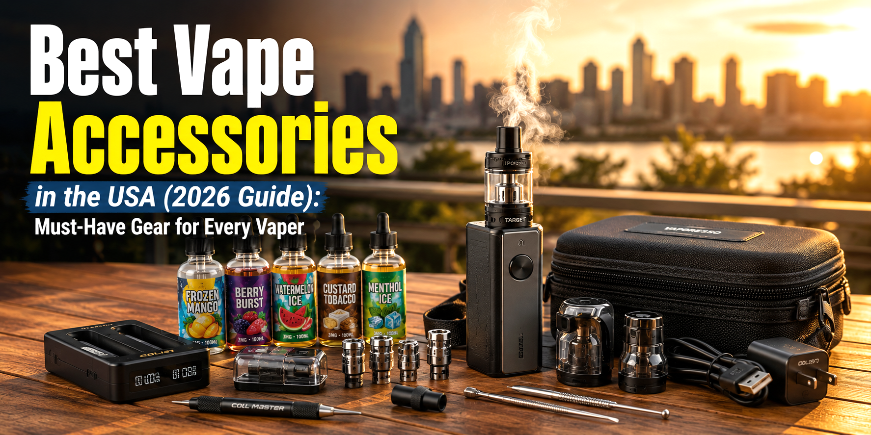 Ultra-realistic outdoor tabletop scene with premium vape accessories including vape mod, e-liquid bottles, coils, pods, and charger on a wooden table during golden hour with blurred city background