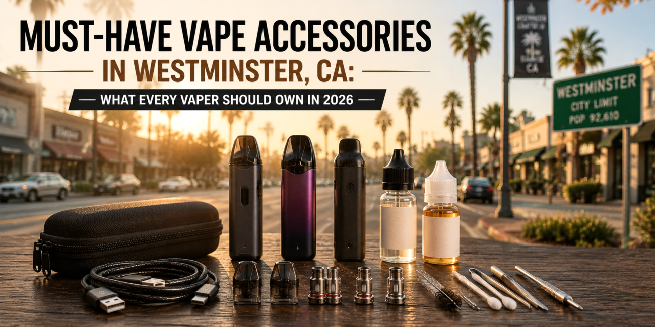 vape accessories including pods, e-liquid bottles, coils, charger, cables, and carrying case.