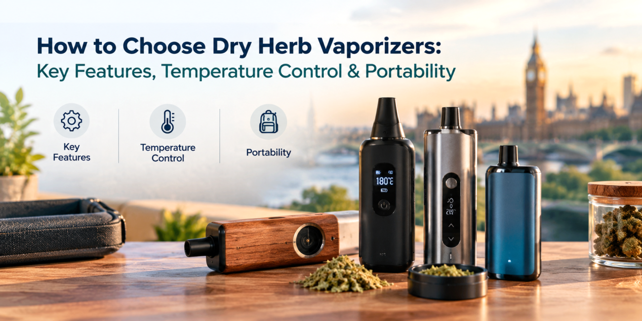 A dry herb vaporizer highlighting temperature control, portable design, and key features